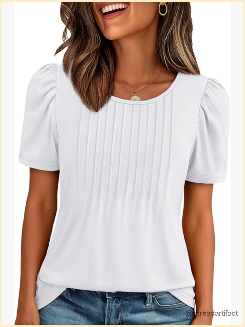 Pleated Short Sleeve Blouse - Dressy Casual Summer Top - Picture 1 of 7
